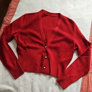 Red Women's Wool V-Neck Button Cardigan Sweater